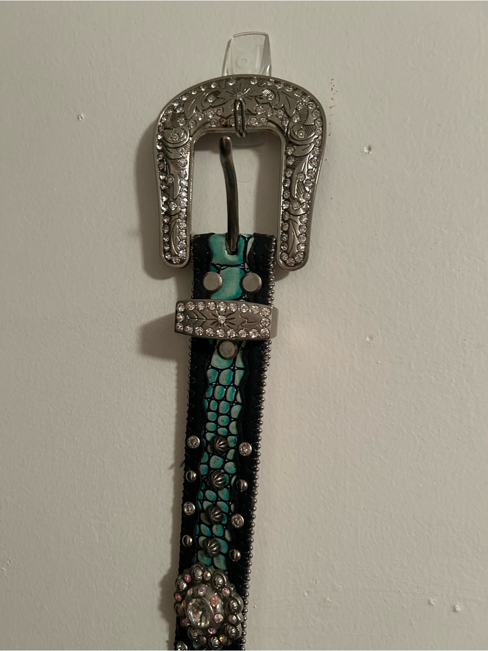 LG Turquoise and Black Leather Studded Belt